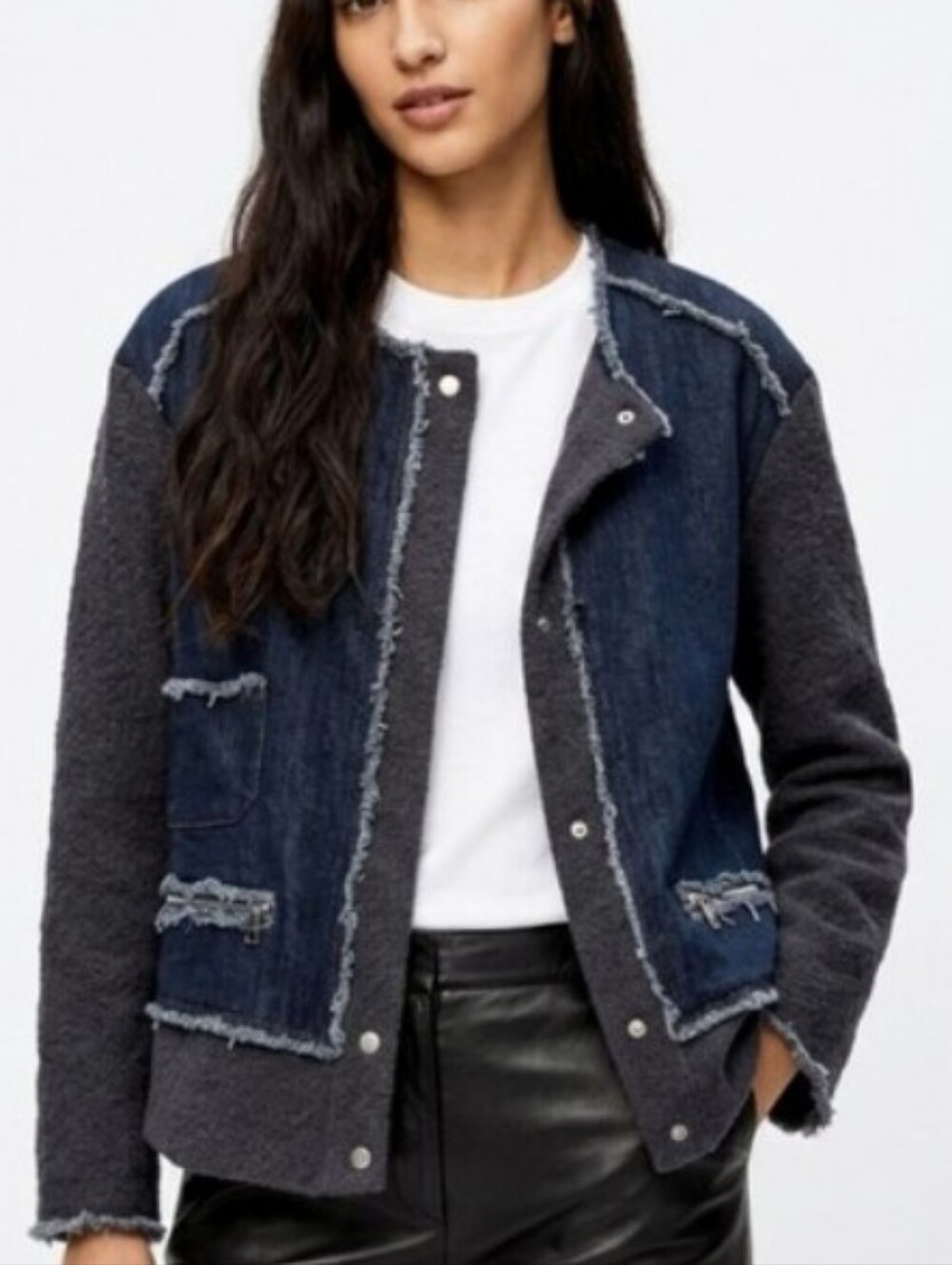 Comme USA Dark Denim Look Frayed-Edge Moto Style Jacket
